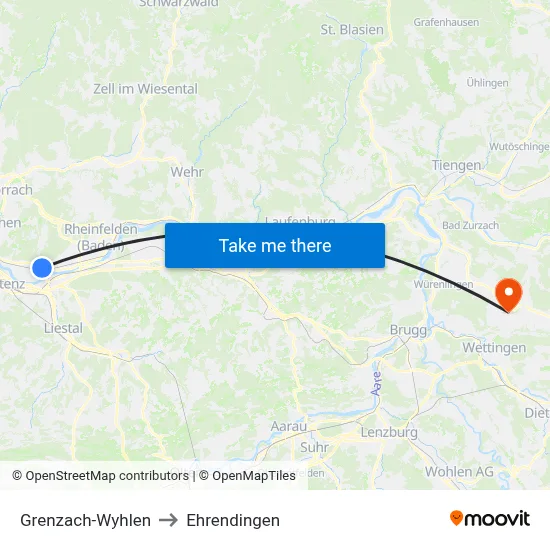 Grenzach-Wyhlen to Ehrendingen map