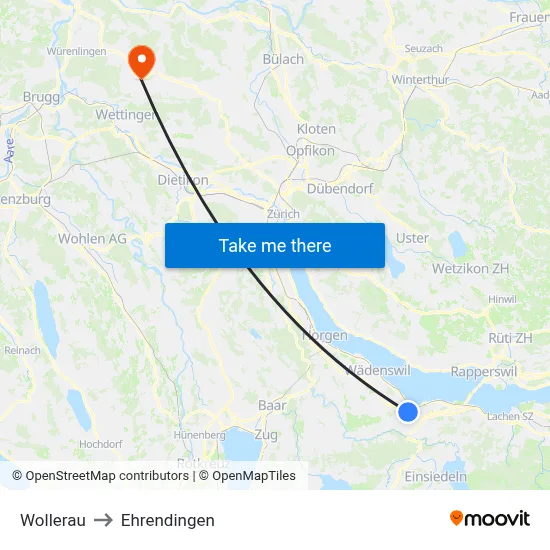 Wollerau to Ehrendingen map