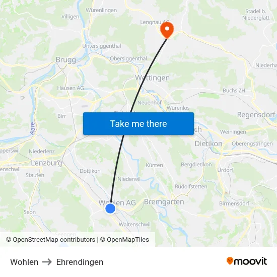 Wohlen to Ehrendingen map