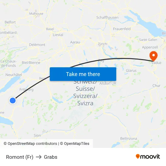 Romont (Fr) to Grabs map