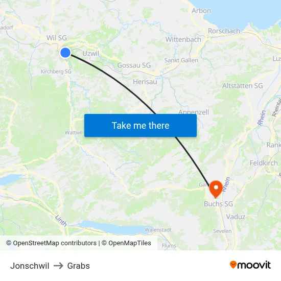 Jonschwil to Grabs map