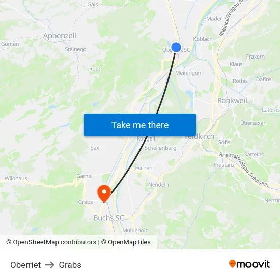 Oberriet to Grabs map
