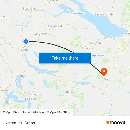 Kloten to Grabs map