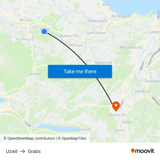 Uzwil to Grabs map