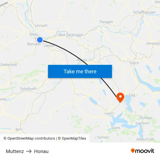 Muttenz to Honau map