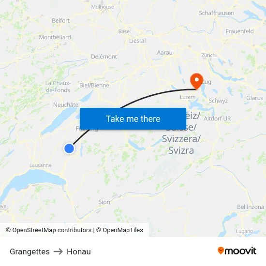 Grangettes to Honau map