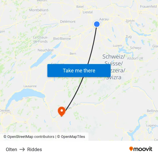 Olten to Riddes map