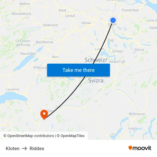 Kloten to Riddes map