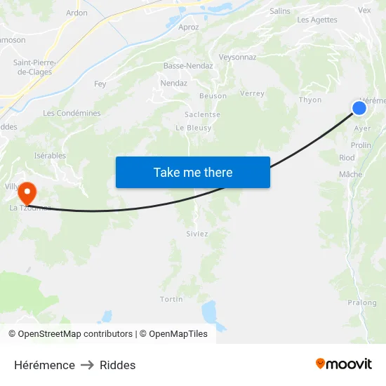 Hérémence to Riddes map