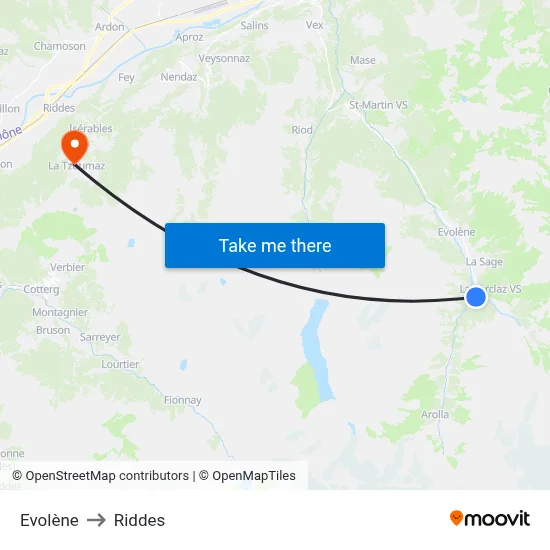 Evolène to Riddes map