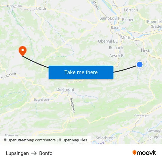 Lupsingen to Bonfol map