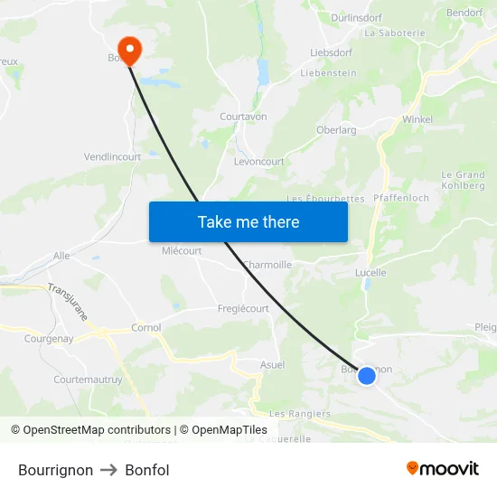 Bourrignon to Bonfol map