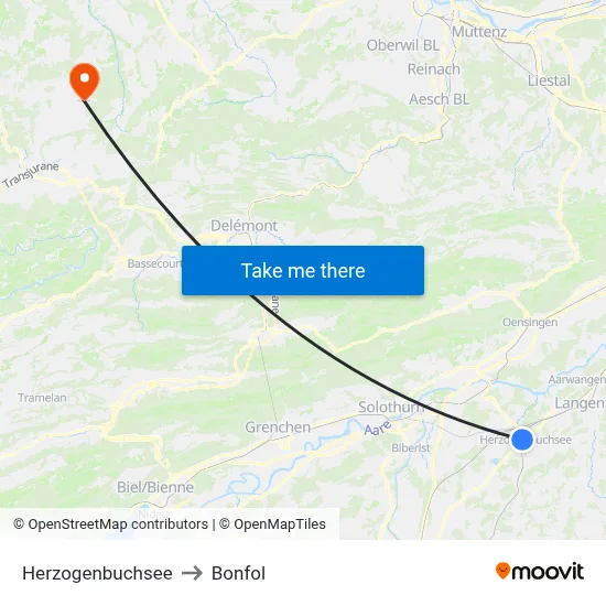 Herzogenbuchsee to Bonfol map