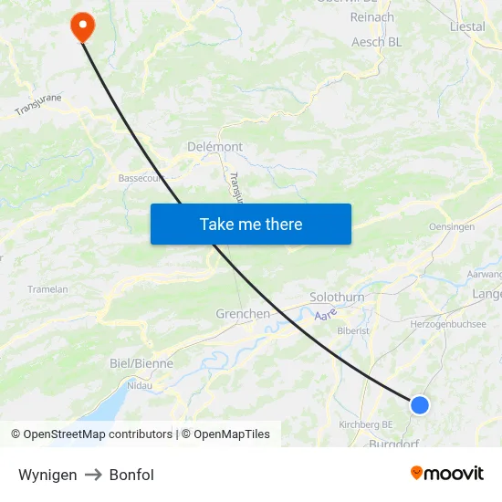 Wynigen to Bonfol map