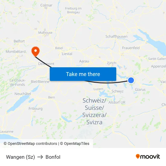 Wangen (Sz) to Bonfol map