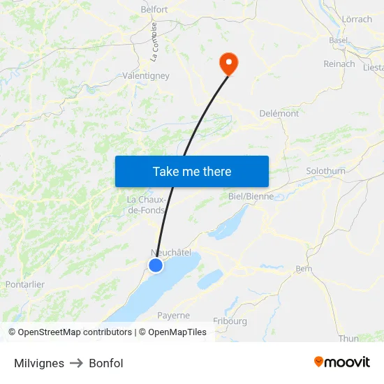 Milvignes to Bonfol map