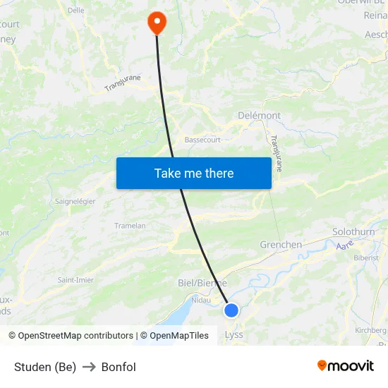 Studen (Be) to Bonfol map