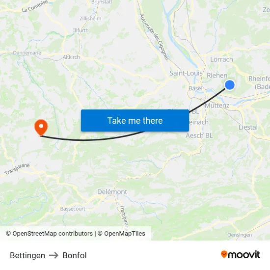Bettingen to Bonfol map