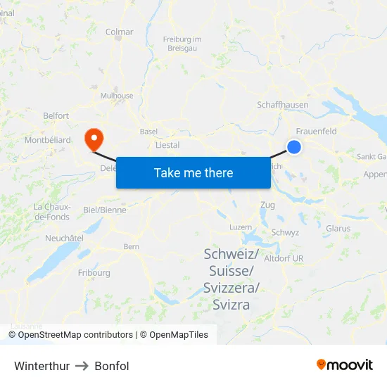 Winterthur to Bonfol map