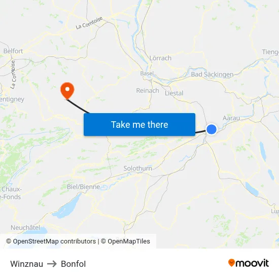 Winznau to Bonfol map