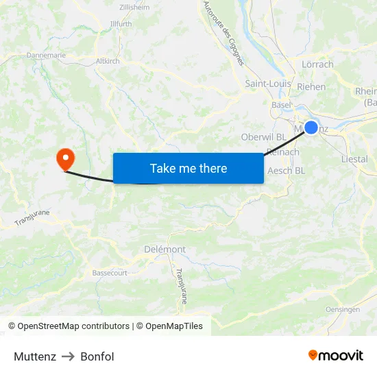 Muttenz to Bonfol map