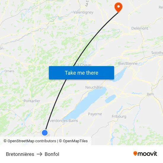 Bretonnières to Bonfol map