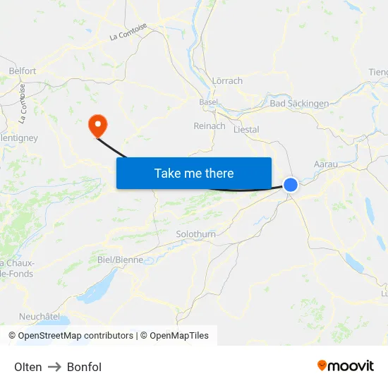 Olten to Bonfol map