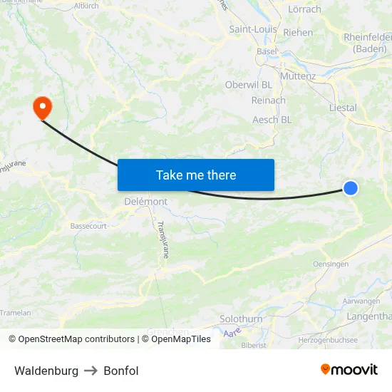 Waldenburg to Bonfol map