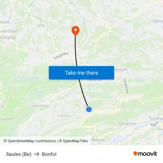 Saules (Be) to Bonfol map