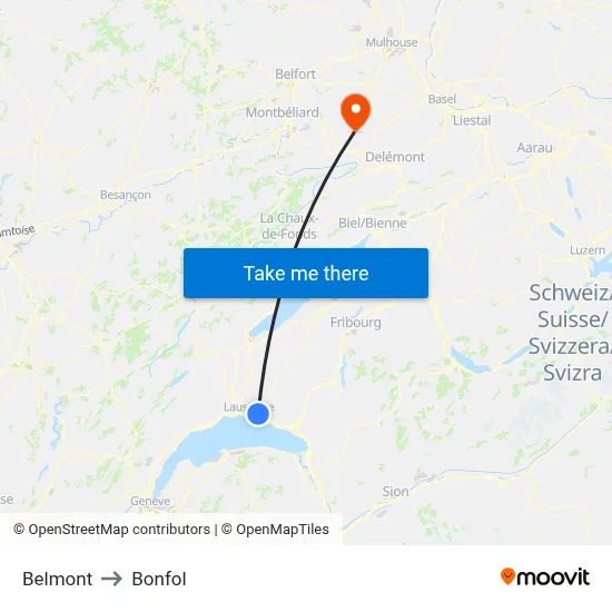 Belmont to Bonfol map