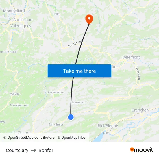 Courtelary to Bonfol map