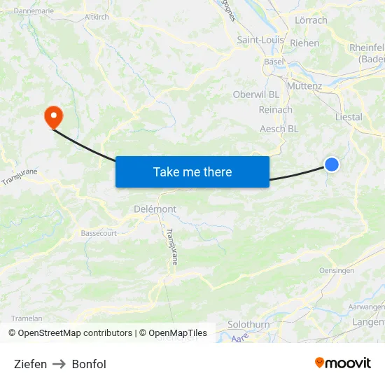 Ziefen to Bonfol map