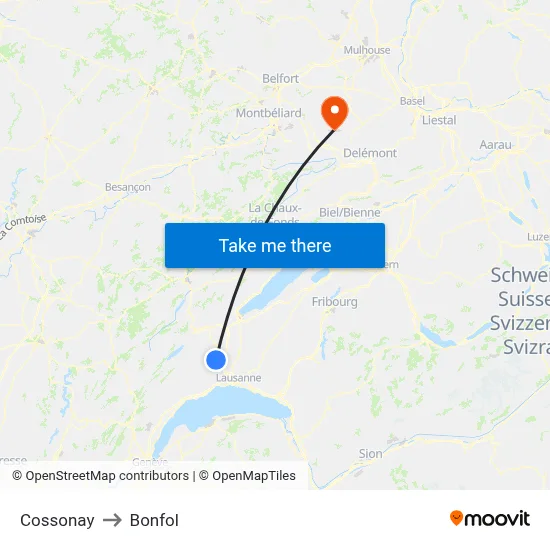 Cossonay to Bonfol map