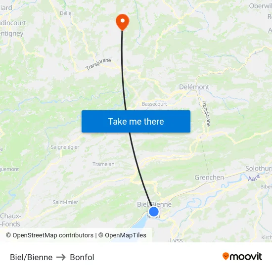 Biel/Bienne to Bonfol map