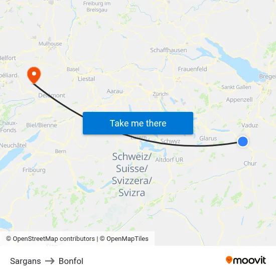 Sargans to Bonfol map