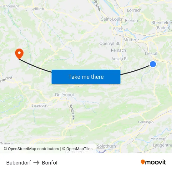 Bubendorf to Bonfol map