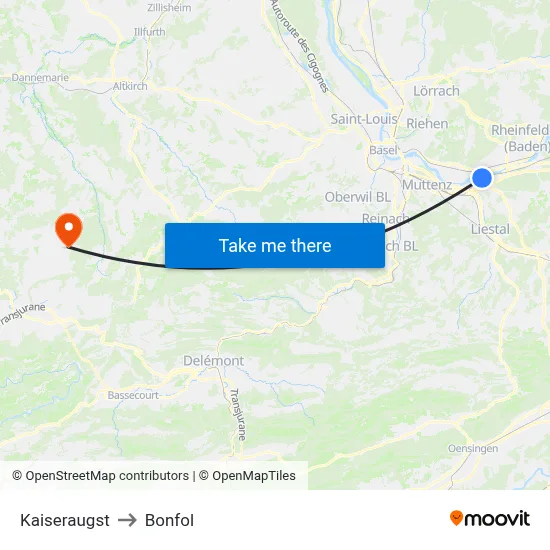 Kaiseraugst to Bonfol map