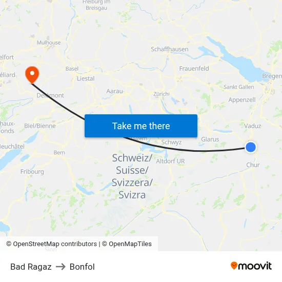 Bad Ragaz to Bonfol map