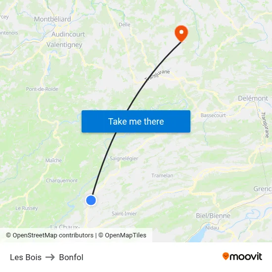 Les Bois to Bonfol map