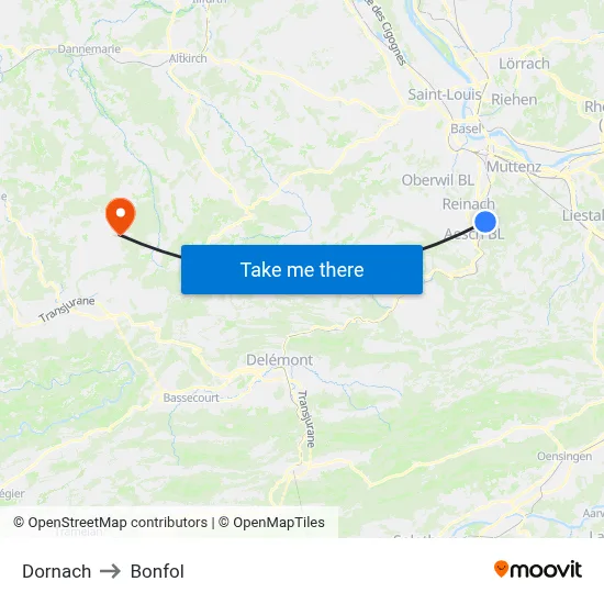 Dornach to Bonfol map