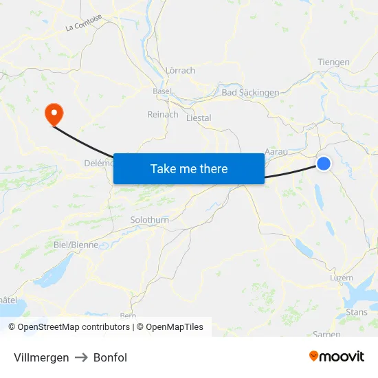Villmergen to Bonfol map