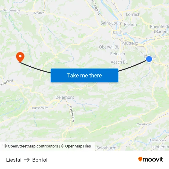 Liestal to Bonfol map