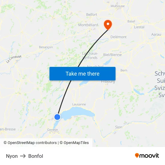 Nyon to Bonfol map