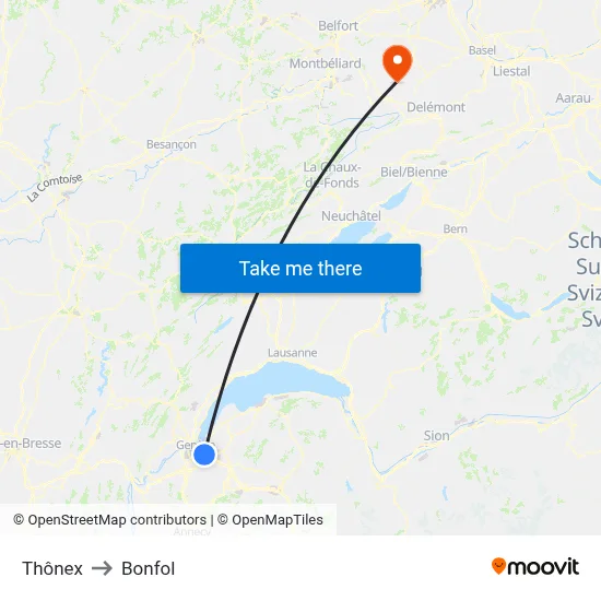 Thônex to Bonfol map