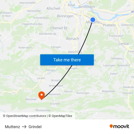 Muttenz to Grindel map