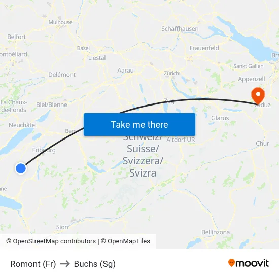 Romont (Fr) to Buchs (Sg) map