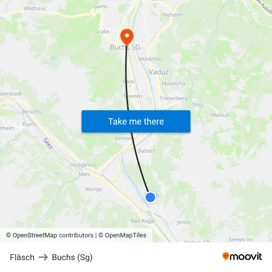 Fläsch to Buchs (Sg) map