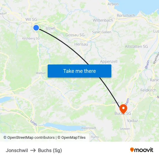 Jonschwil to Buchs (Sg) map