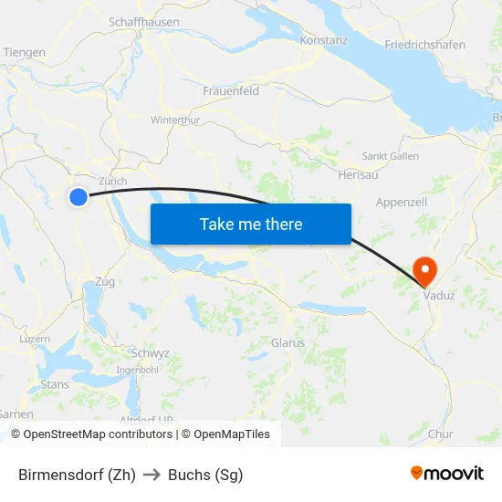 Birmensdorf (Zh) to Buchs (Sg) map