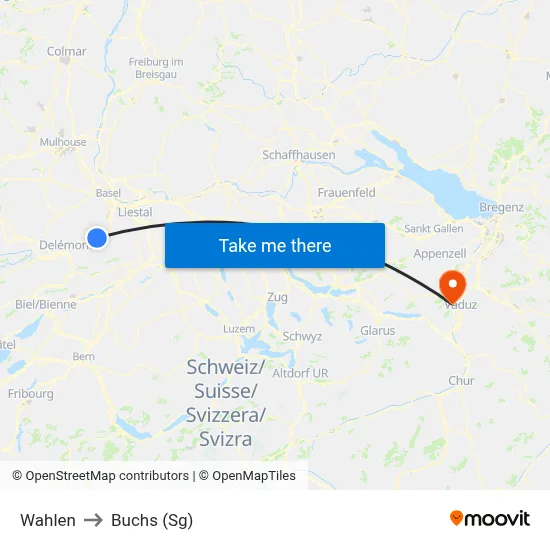 Wahlen to Buchs (Sg) map